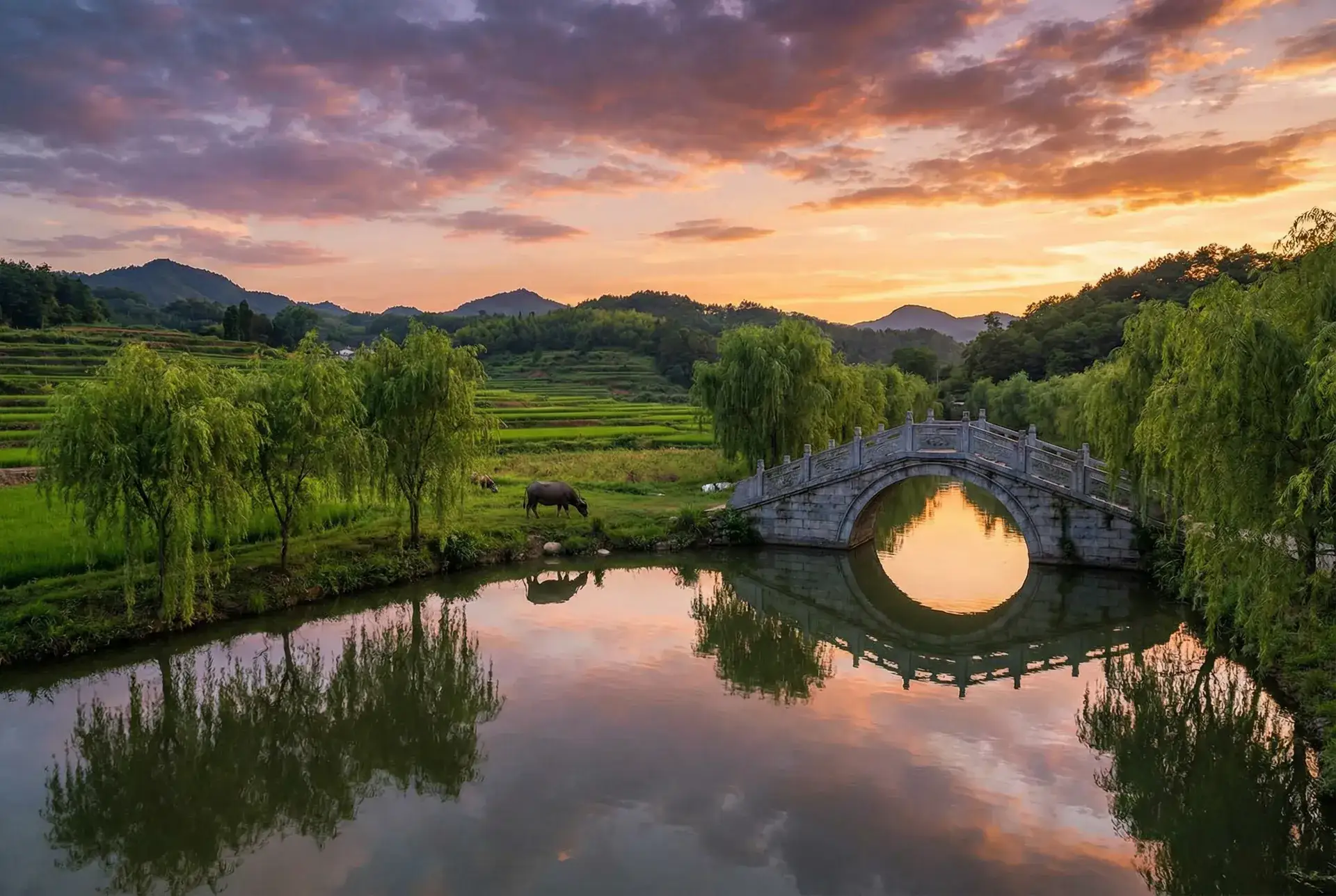 夕阳下的石拱桥与垂柳，水牛在河边吃草 - 《偷窥无罪》 乡村美景