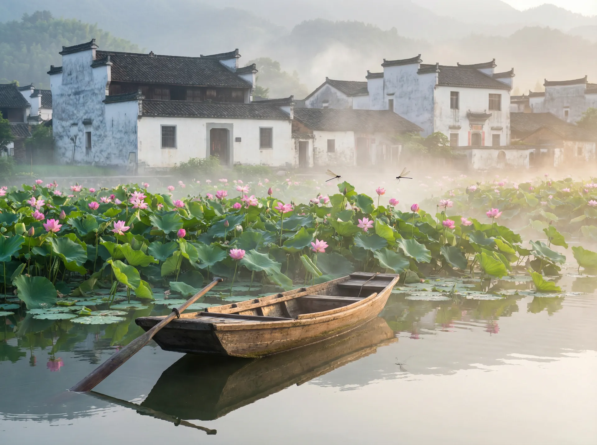 清晨荷塘小舟，粉色荷花盛开，白墙黑瓦的村庄 - 《偷窥无罪》 水乡风情